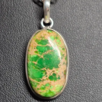 Sale Photo Thumbnail #336: 925 Sterling Silver Variscite Pendant: Natural Gemstone & Earrings 
Pendant marked 925 on a 925 sterling chain, marked on lobster clasp
Earrings are 3 layers as pictured.
