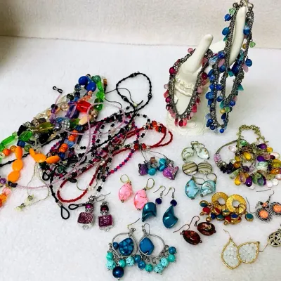Sale Photo Thumbnail #373: Colorful fashion jewelry assortment featuring an eclectic mix of beaded eyeglass holder necklaces, bracelets and pierced earrings in vibrant glass, stone-look and decorative beads with silver- and gold-toned accents