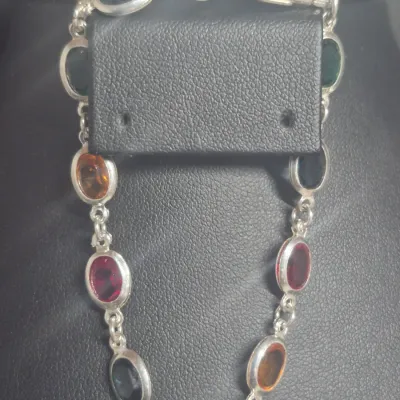Sale Photo Thumbnail #503: 925 MILOR Italy Gemstone Necklace & matching Bracelet
> Necklace is 22" long....well marked on flat link, all stones original to necklace
> Bracelet is identical match as set.....8" long w/ same flat link 925/ Italy
Stunning......set gets $250 on high end