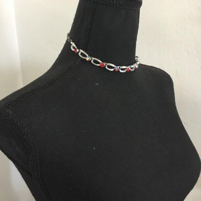 Beautiful, vintage, silver toned, red crystal, aurora borealis, choker necklace