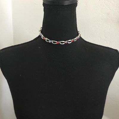 Beautiful, vintage, silver toned, red crystal, aurora borealis, choker necklace