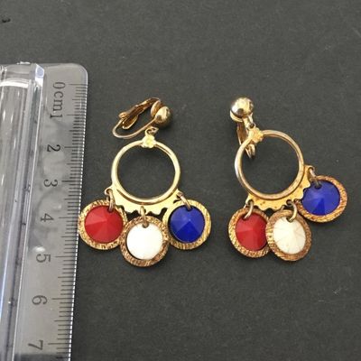 Vintage, gold tone, red white, and blue clip on earrings