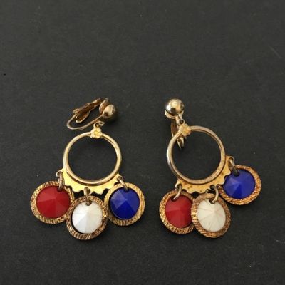 Vintage, gold tone, red white, and blue clip on earrings