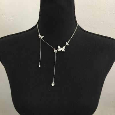 Beautiful, signed, silver plated, crystal rhinestone mother of pearl butterfly statement, necklace