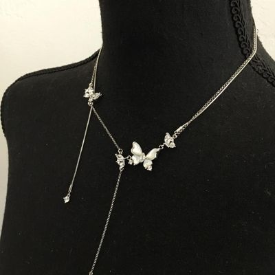 Beautiful, signed, silver plated, crystal rhinestone mother of pearl butterfly statement, necklace