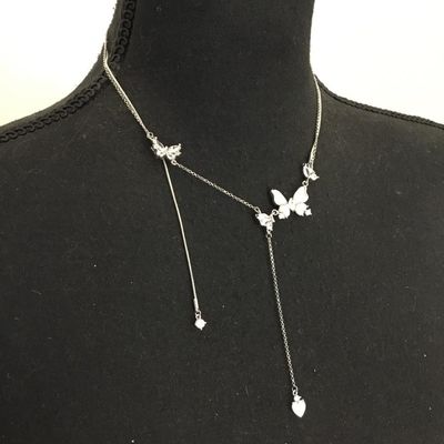 Beautiful, signed, silver plated, crystal rhinestone mother of pearl butterfly statement, necklace