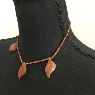 Vintage, mid-century, wood hand, carved leaf statement, necklace with barrel clasp