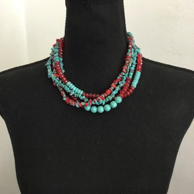 Beautiful faux turquoise, stone bead, red glass, bead statement, necklace