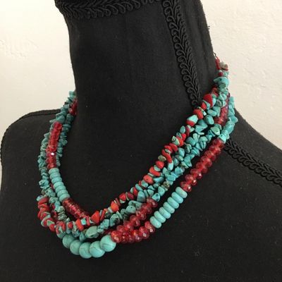 Beautiful faux turquoise, stone bead, red glass, bead statement, necklace