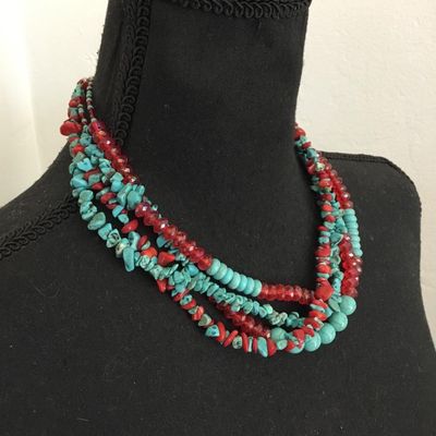 Beautiful faux turquoise, stone bead, red glass, bead statement, necklace