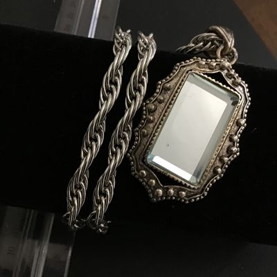 Beveled Blue Tinted Glass Statement Pendant Ornate With Chunky Silver Tone Heavy Chain