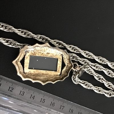 Beveled Blue Tinted Glass Statement Pendant Ornate With Chunky Silver Tone Heavy Chain