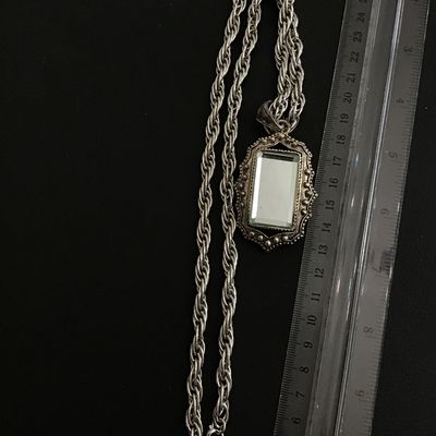 Beveled Blue Tinted Glass Statement Pendant Ornate With Chunky Silver Tone Heavy Chain