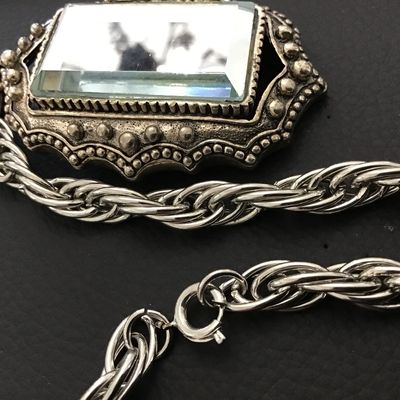 Beveled Blue Tinted Glass Statement Pendant Ornate With Chunky Silver Tone Heavy Chain