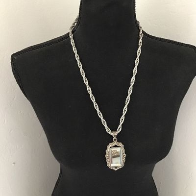 Beveled Blue Tinted Glass Statement Pendant Ornate With Chunky Silver Tone Heavy Chain