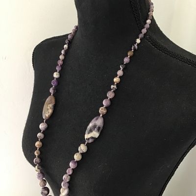 Beautiful, natural, chevron, amethyst, sage, bead, statement, necklace, double knotted