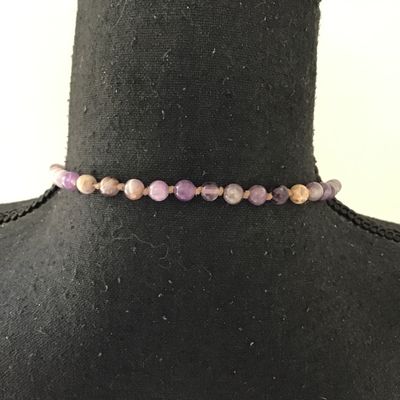 Beautiful, natural, chevron, amethyst, sage, bead, statement, necklace, double knotted