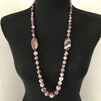 Beautiful, natural, chevron, amethyst, sage, bead, statement, necklace, double knotted