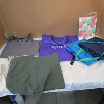 Sale Photo Thumbnail #17: Light blue is 17-3/4" x 19" x 6", dark blue is 17-3/4" x 19" x 6", purple is 16" x 15-3/4" x 7-3/4", new gray totes are 16-1/2" x 14", green laundry bag is 29" tall x 24", off-white laundry bag is 37" tall x 23", see pictures