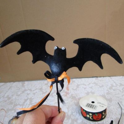 Sale Photo Thumbnail #451: 12 spider rings, 1 witch, 12 felt pumpkins, new spool Halloween ribbon, Spider & Bat picks