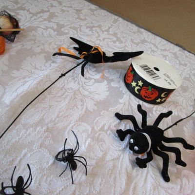 Sale Photo Thumbnail #452: 12 spider rings, 1 witch, 12 felt pumpkins, new spool Halloween ribbon, Spider & Bat picks