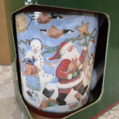 Sale Photo Thumbnail #512: One of the mugs is a soup mug, candy dish 5-1/2" x 6" , Tray, spoon rest & Santa face sack are hand painted See pictures