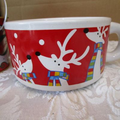 Sale Photo Thumbnail #509: One of the mugs is a soup mug, candy dish 5-1/2" x 6" , Tray, spoon rest & Santa face sack are hand painted See pictures