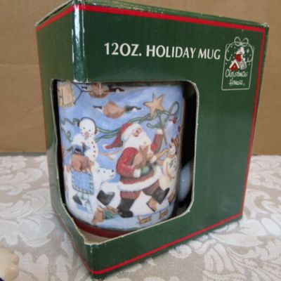 Sale Photo Thumbnail #511: One of the mugs is a soup mug, candy dish 5-1/2" x 6" , Tray, spoon rest & Santa face sack are hand painted See pictures