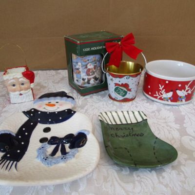 Sale Photo Thumbnail #508: One of the mugs is a soup mug, candy dish 5-1/2" x 6" , Tray, spoon rest & Santa face sack are hand painted See pictures