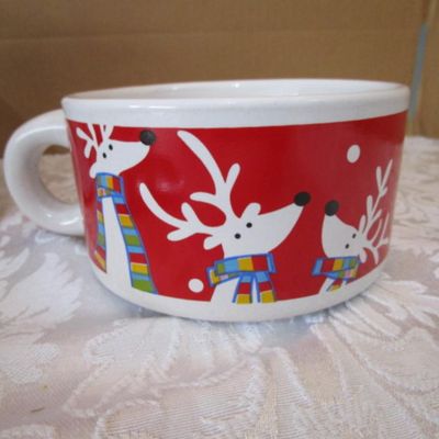 Sale Photo Thumbnail #510: One of the mugs is a soup mug, candy dish 5-1/2" x 6" , Tray, spoon rest & Santa face sack are hand painted See pictures