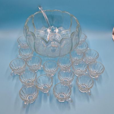 Clear Pressed Glass Punch Bowl with Ladle and Approx. 20–22 Matching Handled Cups