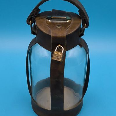 Glass Jar/Vessel with Brown Leather Harness, Handle and Small Brass Lock (1 pc)piggybank