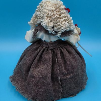 Handmade Fabric & Straw Folk Doll with Curly Yarn Hair — Handwritten Tag 'Handmade by Therese, Hillsdale Wyoming'