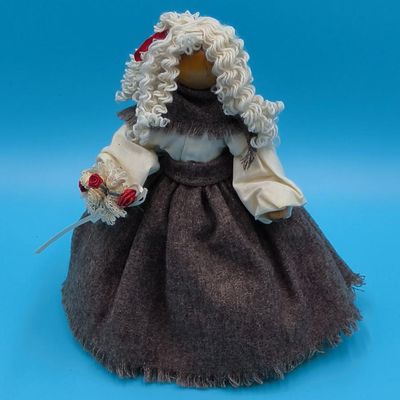 Handmade Fabric & Straw Folk Doll with Curly Yarn Hair — Handwritten Tag 'Handmade by Therese, Hillsdale Wyoming'