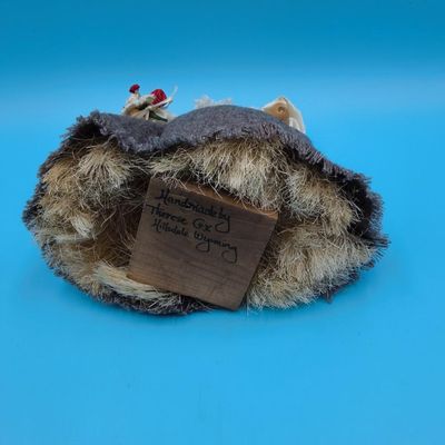 Handmade Fabric & Straw Folk Doll with Curly Yarn Hair — Handwritten Tag 'Handmade by Therese, Hillsdale Wyoming'