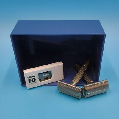 Lot of 3 Metal Double‑Edge Safety Razors with Gillette 10 Blade Pack and Plastic Box