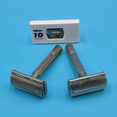 Lot of 3 Metal Double‑Edge Safety Razors with Gillette 10 Blade Pack and Plastic Box