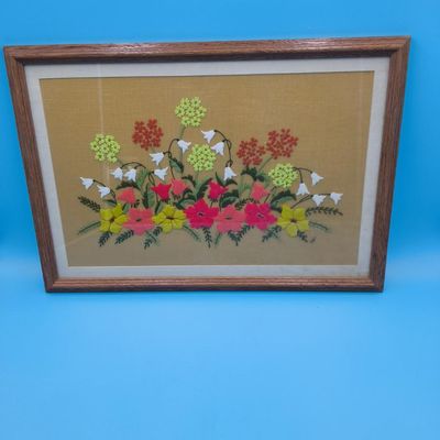 Framed Hand-Embroidered Floral Textile on Tan Fabric (initialed "WP")