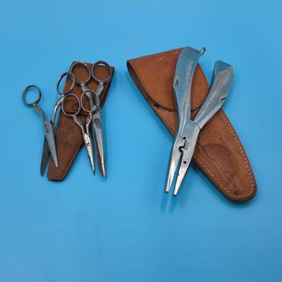Leather Sheaths with Stainless Scissors (x4) and Folding Pliers — leather stamped 'Overland Germany'