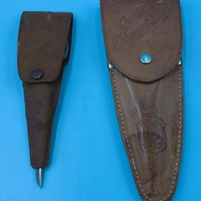 Leather Sheaths with Stainless Scissors (x4) and Folding Pliers — leather stamped 'Overland Germany'