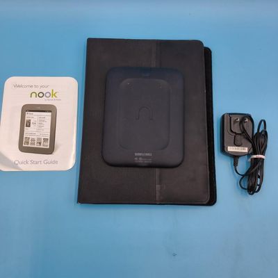 Barnes & Noble NOOK e‑reader with black folio case, AC adapter & quick start guide