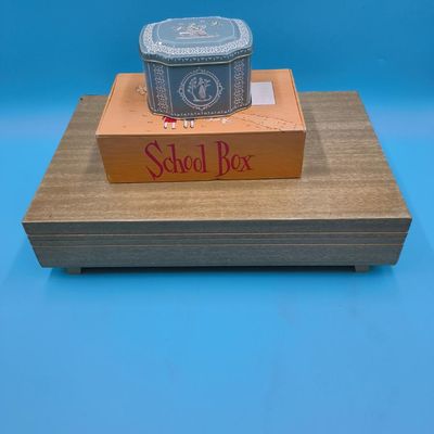 Wood Flatware / Silverware Storage Box (felt interior, “ANTI‑TARNISH” plaque) with Decorative Metal Tin & 'School Box'