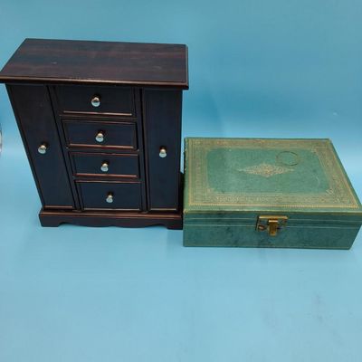 Dark Wood Jewelry Armoire with Mirror + Green Velvet‑Lined Jewelry Box (2)
