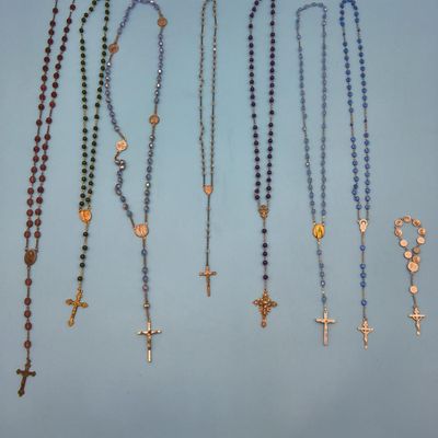 Lot of ~10 Rosary Necklaces / Chaplets — Mixed Colored Beads, Gold & Silver Tone Crosses