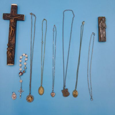 Lot of Religious Necklaces, Medals & Wood Crucifixes — approx. 9 metal chains/medals + 2 wooden plaques
