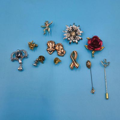 Mixed Costume Jewelry Lot — Assorted Pins & Brooches, approx. 14 pcs