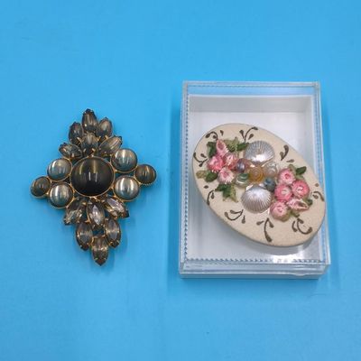 Lot of 2 Costume Brooches — Gold‑Tone Smoky Glass Cabochon & Oval Floral Embroidered Brooch (in Plastic Box)