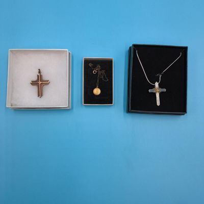 Lot of 3 Metal Pendants — 2 Necklaces (Crosses + Round Locket) — Silver-, Gold- & Bronze-Tone