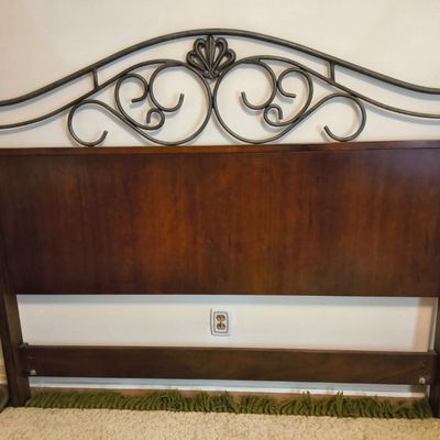 Drexel Heritage "French Countryside" Wood Headboard with Metal Scroll Crest