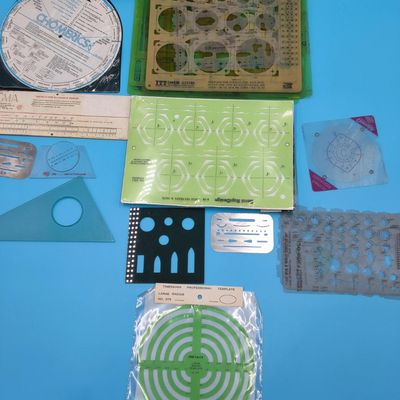 Lot of Assorted Drafting Templates & Stencils w/ ITT Cannon, Timesaver No. 375, boxed Drop Bow Compass